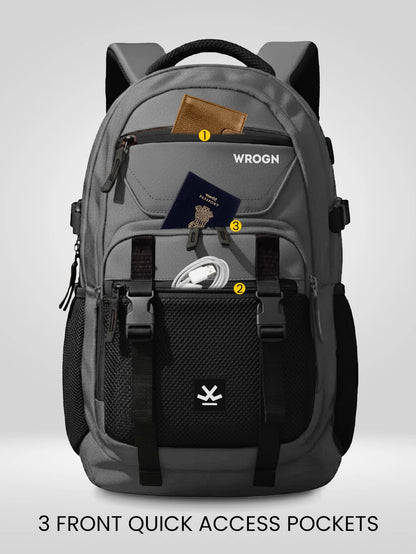WROGN Large 42 L Laptop Backpack Unisex Ashper 2.0 with USB Port, Rain Cover and Reflective Strip (Grey, Black)