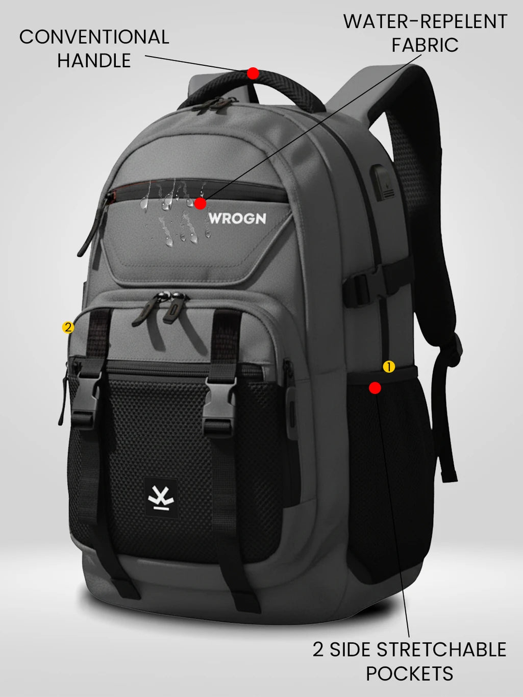 WROGN Large 42 L Laptop Backpack Unisex Ashper 2.0 with USB Port, Rain Cover and Reflective Strip (Grey, Black)