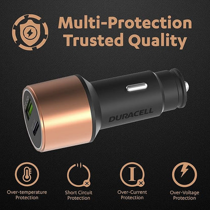Duracell 38W Fast Car Charger Adapter with Dual Output. Quick Charge, Type C PD 20W & Qualcomm Certified 3.0 Compatible for iPhone, All Smartphones, Tablets & More (Copper & Black)