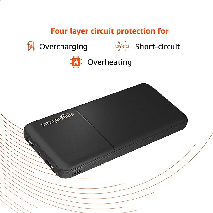 Amazon Basics 10000mAh 10W Power Bank with Cable | Dual USB-A Outputs | Dual Input Ports | Lithium Polymer Power Bank | Plastic Casing, Lightweight (Black)