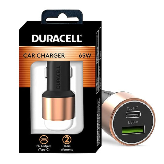 Duracell 65W Fast Car Charger Adapter with Dual Output. Quick Charge, Type C PD 45W & Qualcomm Certified 3.0 20W, Compatible for iPhone, All Smartphones, Tablets & More (Copper & Black)