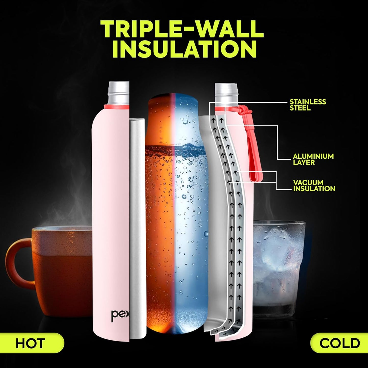 PEXPO Water Bottle 1 LTR Stainless Steel | Hot and Cold Flask | ISI Certified Steel Bottle | Three Layer Insulation | Leakproof | for Home, Office | 1-Year Warranty |Bravo 1000| Baby Pink