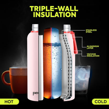 PEXPO Water Bottle 1 LTR Stainless Steel | Hot and Cold Flask | ISI Certified Steel Bottle | Three Layer Insulation | Leakproof | for Home, Office | 1-Year Warranty |Bravo 1000| Baby Pink