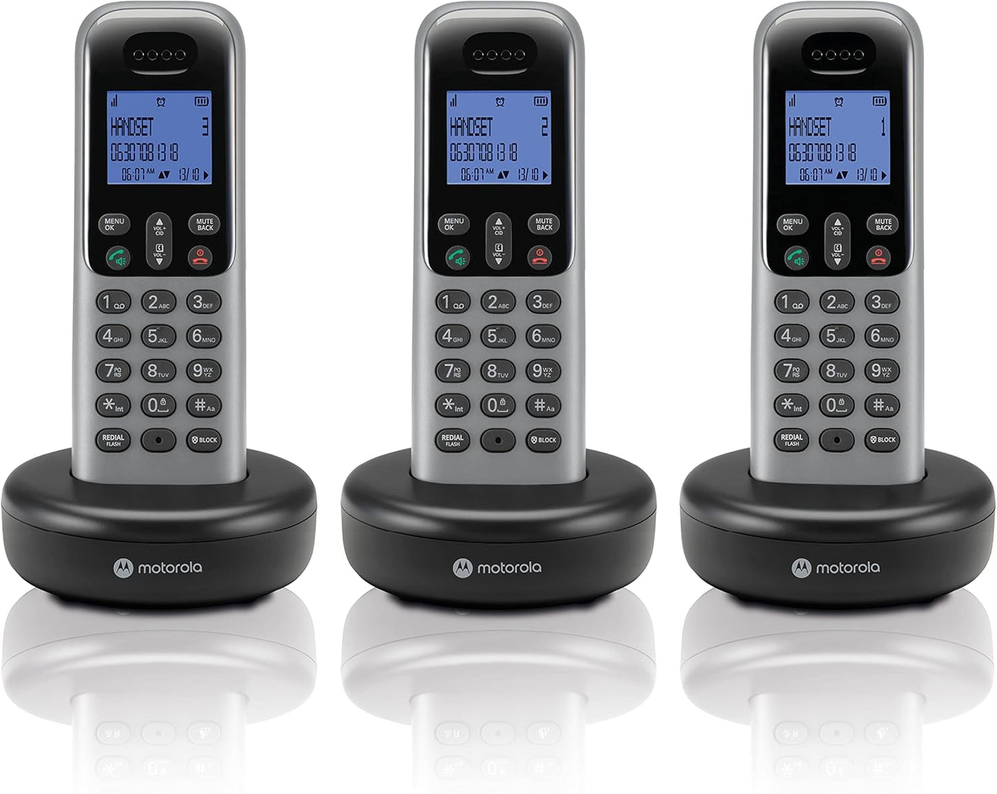 MOTOROLA T603 Cordless Phone System w/3 Digital Handsets, Speakerphone, and Call Block Cordless Landline Phone (Dark Grey)