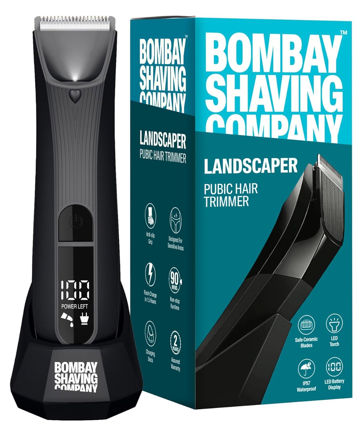 Bombay Shaving Company Balls Trimmer | Pubic Hair Trimmer and Body Groomer for Men | Private Part Trimmer For Men, Waterproof (IPX7), Cordless, LED Display, LED Torch, Safe Ceramic Blades, Dock Charging | LANDSCAPER 2.0 (Black)