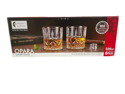 Sanjeev Kapoor OPARA Whisky Glass Set of 6 Psc, 330 ml, Bar Glass for Drinking Bourbon, Whisky, Scotch, Cocktails, Cognac- Old Fashioned Cocktail Tumblers, Perfect for Home, Restaurants & Parties.