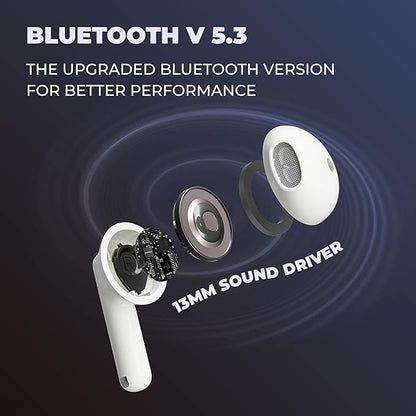 Hammer KO Pro Bluetooth Earbuds with Upto 20H Playtime, ENC, Fast Charging Type-C, IPX4 Water Resistant, Bluetooth v5.3, Touch Controls and Voice Assistant (White)