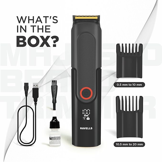 Havells Majesto Beard Trimmer BT8888|IPX7 Fully Washable|Trimmer for Men|With 40 Length Settings|Titanium Blade|For No Nicks & Cuts|Digital Display|Dual Speed Mode|Turbo Charge with 120 mins run time