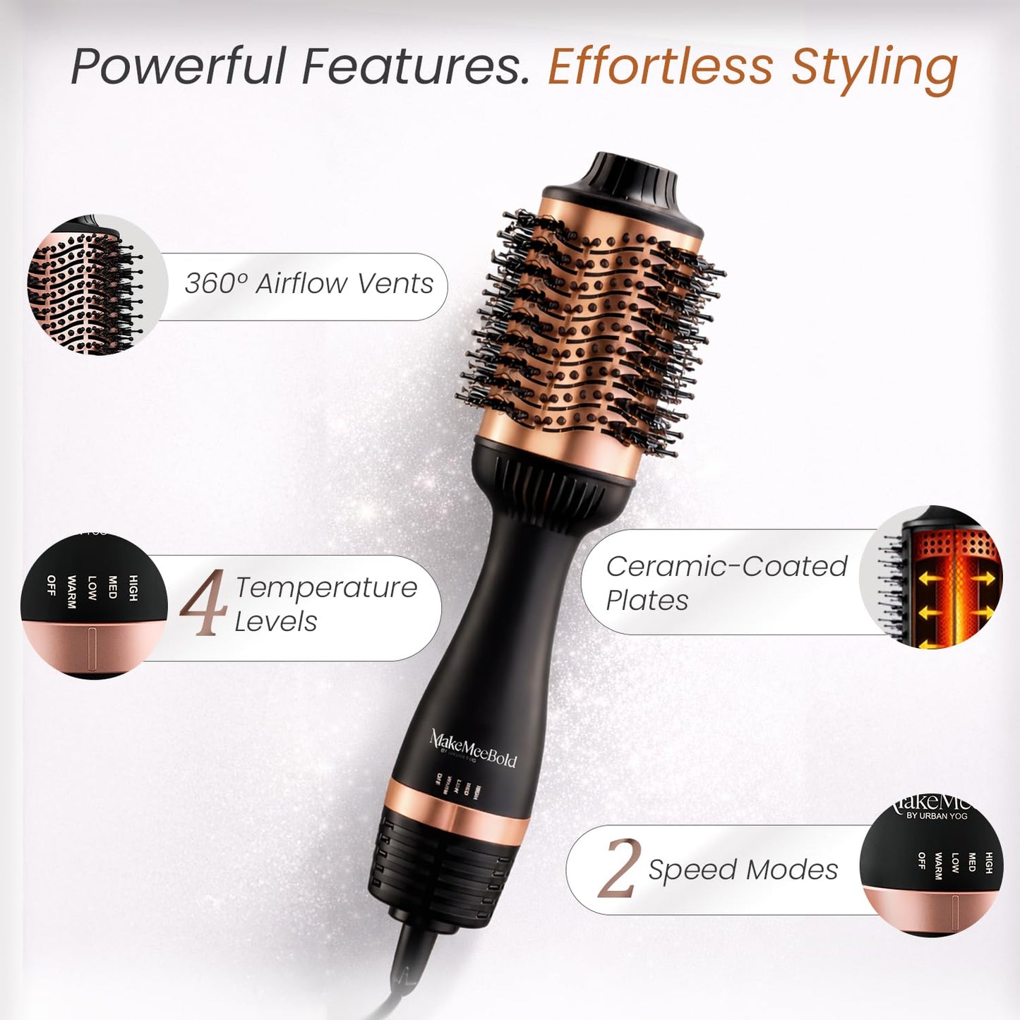 Urban Yog MakeMeeBold Hot Air Brush | 2-in-1 Hair Dryer & Straightener Brush with 3 Temp, 2 Speed Settings, Tangle-Free Bristles, 1200W, Auto Shut-Off | Gifts for woman