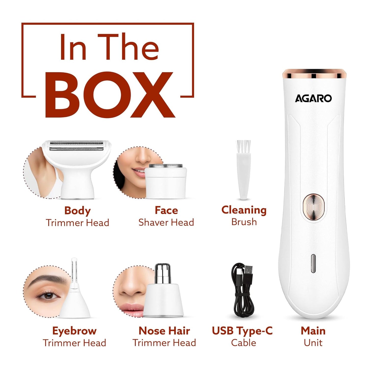 AGARO Female Multi Trimmer – Facial Hair Removal Machine, Bikini Trimmer, Eyebrow & Nose Hair Trimmer Painless body hair trimming Type-C charging, up to 90 minutes runtime, White 3117