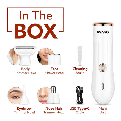 AGARO Female Multi Trimmer – Facial Hair Removal Machine, Bikini Trimmer, Eyebrow & Nose Hair Trimmer Painless body hair trimming Type-C charging, up to 90 minutes runtime, White 3117