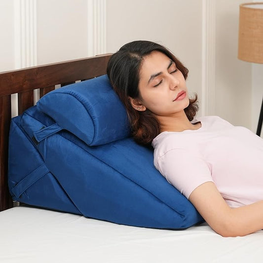 Amazon Basics Orthopedic Adjustable Wedge Pillow-Memory Foam with Head Rest-Back Support for Bed, Leg Elevation, Acid Reflux, GERD, Snoring |6 Months Warranty-Soft Washable Cover-Blue,22 x 22 x 12 in