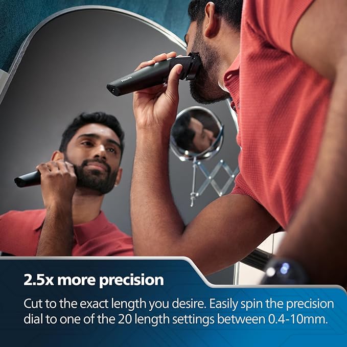 Roll over image to zoom in Philips Pro Beard Trimmer and Styler| Titanium blades| 2.5x higher precision| Beard Sense tech|5 mins quick charge| 20 length settings| 6X longer battery life| New Model - BT3441/30