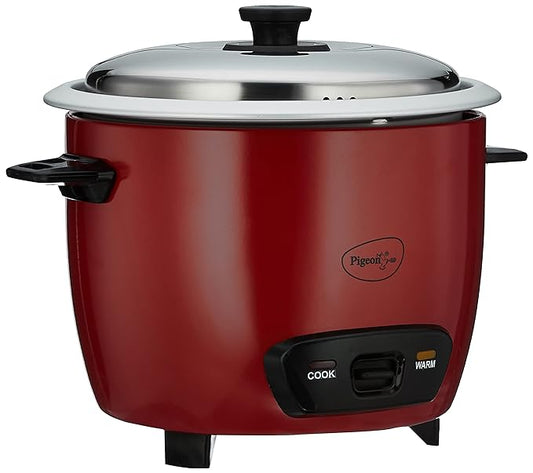 Pigeon by Stovekraft Ruby Rice Cooker with Single pot, 1.8 litres.(Red) | Toughened Glass Lid | 700 Watts | 2 Aluminium Cooking Pot | Measuring Cup| Spatula | Energy Efficient Cooking