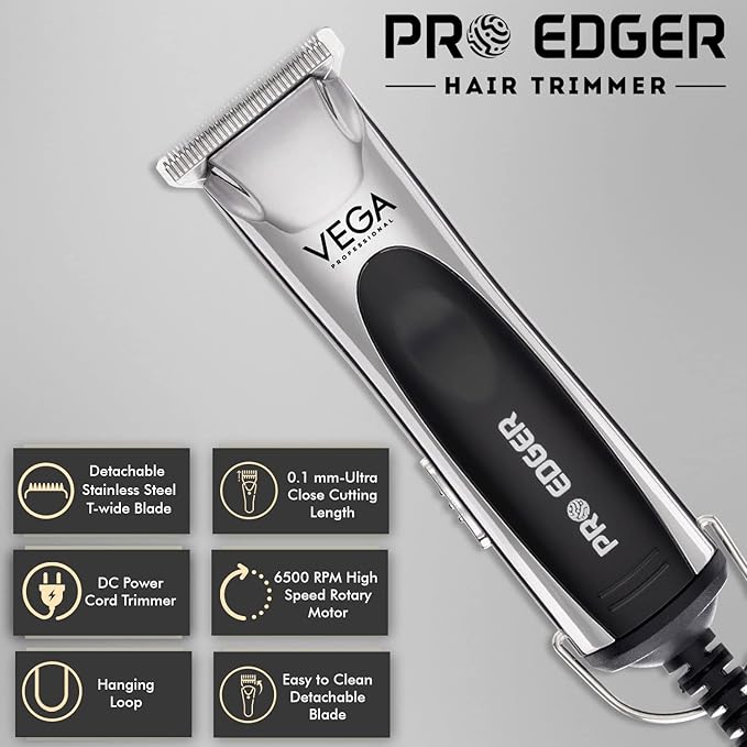 VEGA PROFESSIONAL Men Pro Edger Hair Trimmer For Salon With 6500 Rpm High Speed Rotary Motor, Detachable Stainless Steel T-Wide Blade, 0.1Mm Ultra Close Cutting Length, (Vpvht-02)