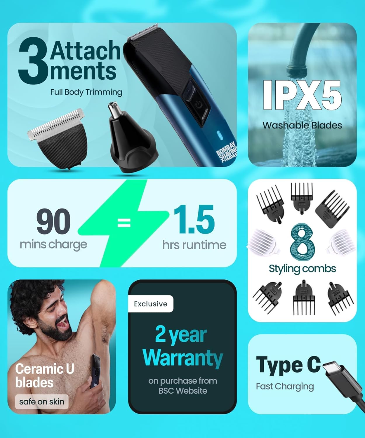 Bombay Shaving Company Power Groomer 11 in 1 | All in One Full Body Trimmer for Men | 90 Min Charge time | 90 mins run time | Hair, Ear, Beard, Body, Nose Trimmer for Men | Type C charging | New Model