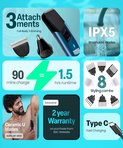 Bombay Shaving Company Power Groomer 11 in 1 | All in One Full Body Trimmer for Men | 90 Min Charge time | 90 mins run time | Hair, Ear, Beard, Body, Nose Trimmer for Men | Type C charging | New Model