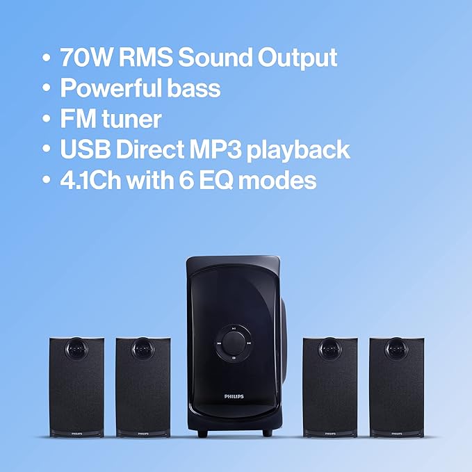 Philips Audio TAV7477 4.1 Channel 75W Bluetooth Multimedia Speaker System with 2x15W & 2x5W Satellite Speakers, Multi-Connectivity Option with Supporting USB, AUX, FM & Remote Control (Black)