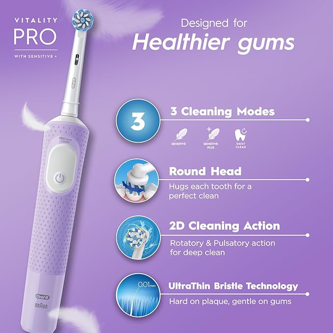 Oral-B Vitality Pro with Sensitive Plus Rechargeable Electric Toothbrush for Adults, 3 Brushing Modes (Daily, Sensitive, Sensitive Plus), 2 Min Timer with Quadpacer, 2 Year Warranty