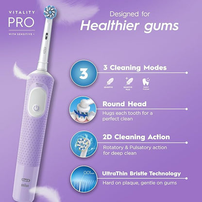 Oral-B Vitality Pro with Sensitive Plus Rechargeable Electric Toothbrush for Adults, 3 Brushing Modes (Daily, Sensitive, Sensitive Plus), 2 Min Timer with Quadpacer, 2 Year Warranty