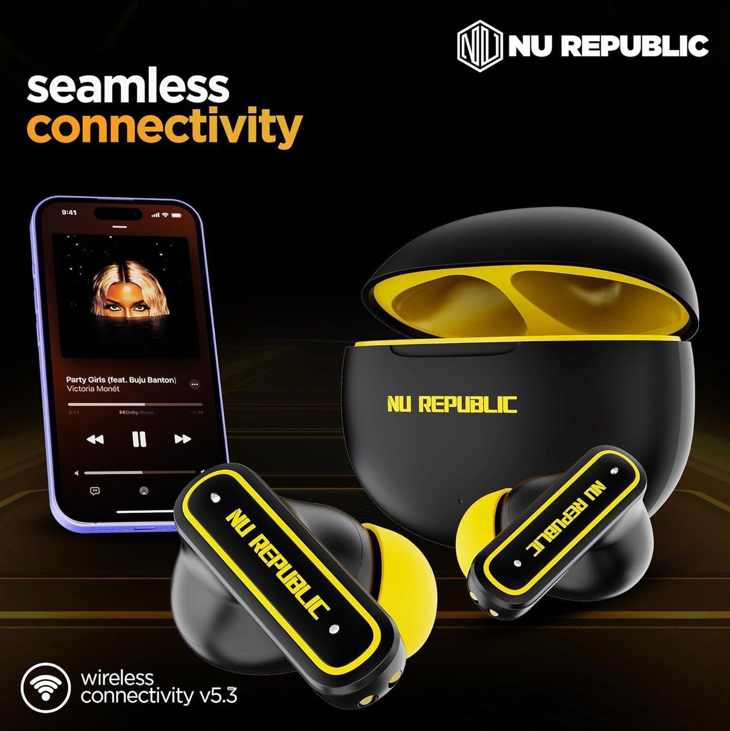 Nu Republic Epic ANC TWS Earbuds with Upto 64 hrs Playtime, 13mm Neodymium Driver, XBass® Technology, ANC + ENC Quad Mics, Hall Sensor Function, Dual Mode (Game/Music), Fast Charging - (Black/Yellow)
