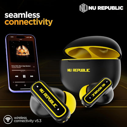 Nu Republic Epic ANC TWS Earbuds with Upto 64 hrs Playtime, 13mm Neodymium Driver, XBass® Technology, ANC + ENC Quad Mics, Hall Sensor Function, Dual Mode (Game/Music), Fast Charging - (Black/Yellow)