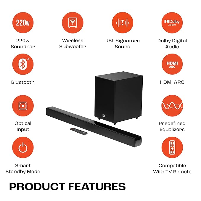 JBL Cinema SB271, Dolby Digital Soundbar with Wireless Subwoofer for Extra Deep Bass, 2.1 Channel Home Theatre with Remote, HDMI ARC, Bluetooth & Optical Connectivity (220W)