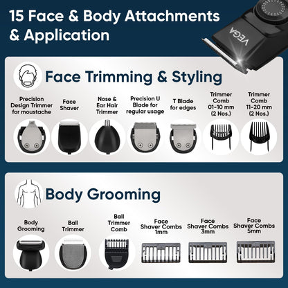 Vega OG 15 in 1 Trimmer for Men | Men Beard |All Rounder Grooming Set with 3 Hrs Non-Stop Runtime | for Body, Man- Face, Nose & Private Parts | USB Type C, 2 Year Warranty, (VHTH-37)