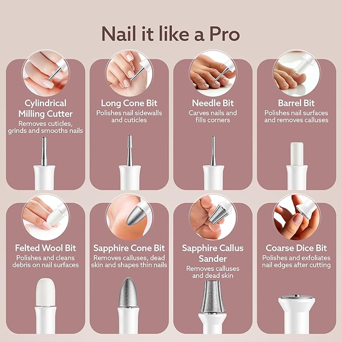AGARO Prima Nail Drill & Polisher, Professional Nail Care at Home, Electric Nail Polisher, Manicure & Pedicure, Shape, Trim & Polish, 5 Speed, 8 Attachments, Rechargeable with Type C, Women, Men