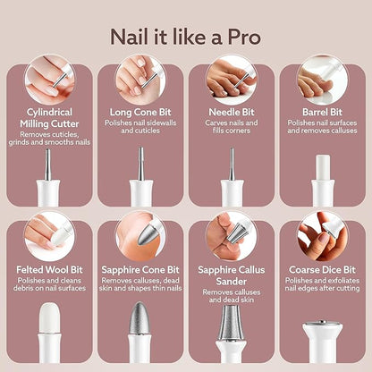 AGARO Prima Nail Drill & Polisher, Professional Nail Care at Home, Electric Nail Polisher, Manicure & Pedicure, Shape, Trim & Polish, 5 Speed, 8 Attachments, Rechargeable with Type C, Women, Men