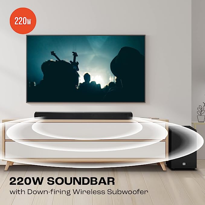 JBL Cinema SB271, Dolby Digital Soundbar with Wireless Subwoofer for Extra Deep Bass, 2.1 Channel Home Theatre with Remote, HDMI ARC, Bluetooth & Optical Connectivity (220W)