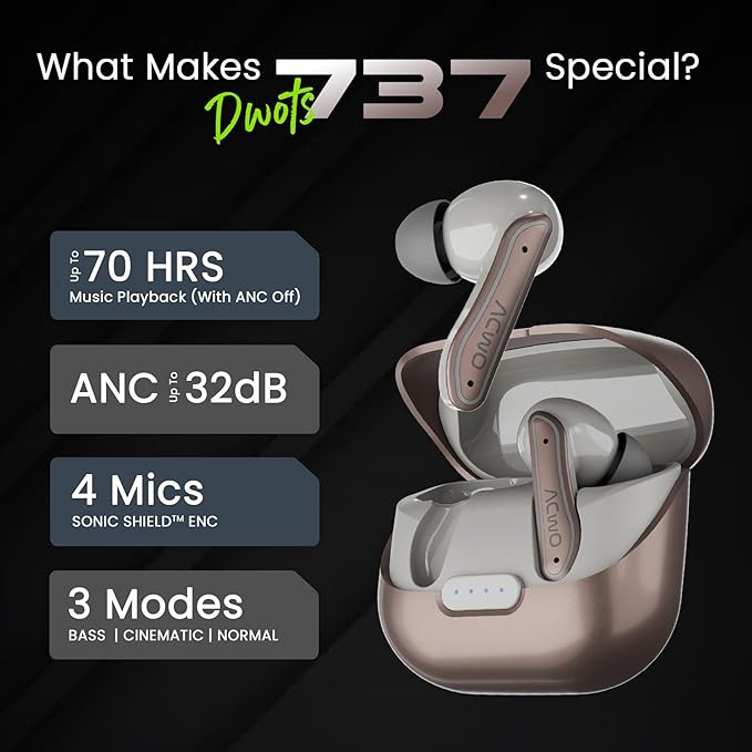 ACwO Dwots 737 Wireless in Ear Earbuds | 70Hrs Playtime | Up to 32Db ANC | 4 Mics with Enc | Bluetooth V5.4 | Hyperboost Charging 10Mins Charge = 120Mins Playtime (Woody Brown)