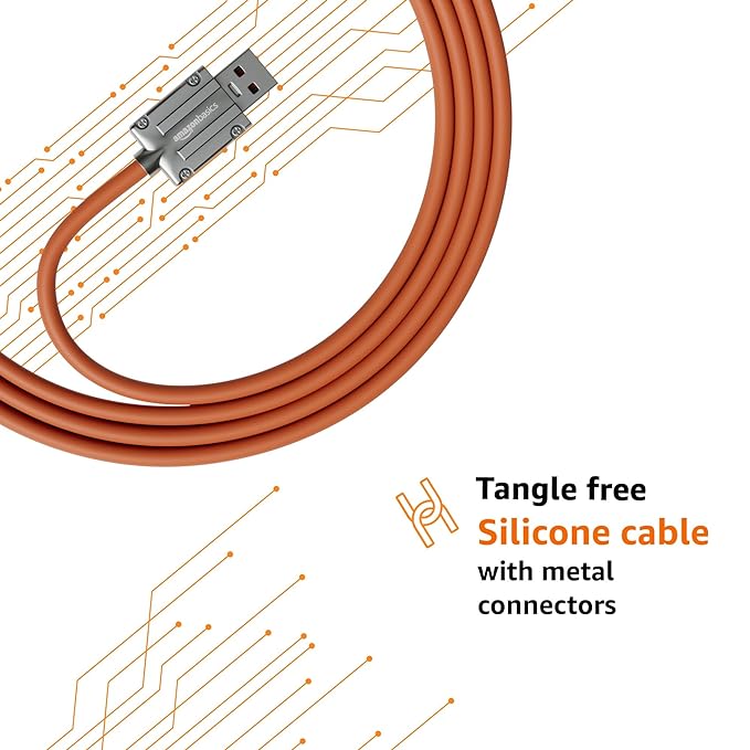 Amazon Basics Type A to Type C Cable with Metal Connectors |22.5W Fast Charging and 480Mbps Data Transfer Speed |1.2m Silicone Cable, Sunset Orange