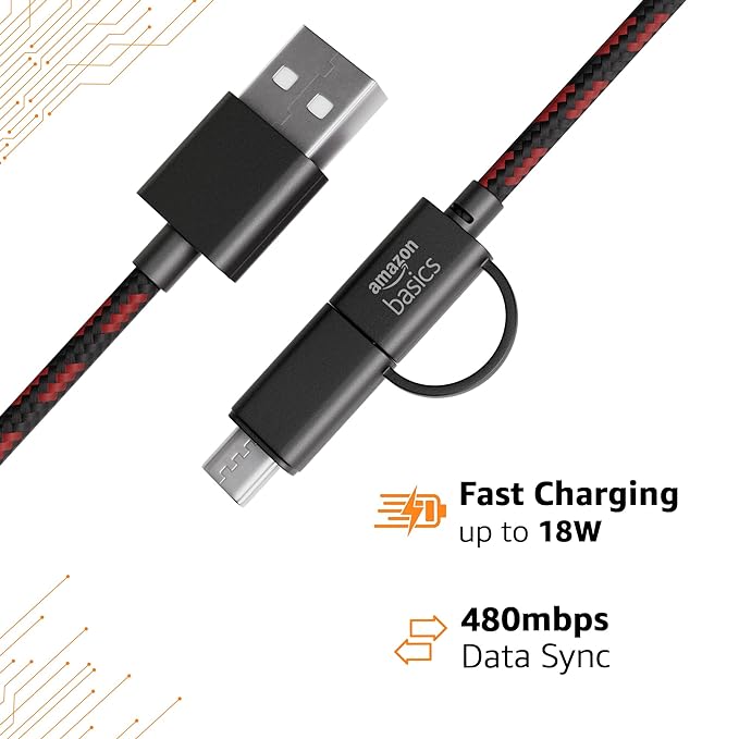 amazon basics 2-in-1 Type-C and Micro USB Braided Cable | 3A/18W Fast Charging & 480 Mbps Data Transfer | 1.2m, Tangle Free Cable