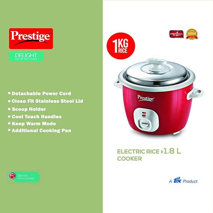 Prestige Delight Electric Rice Cooker Cute 1.8-2 700 watts with 2 Aluminium Cooking Pans (1.8 Liters, Red)