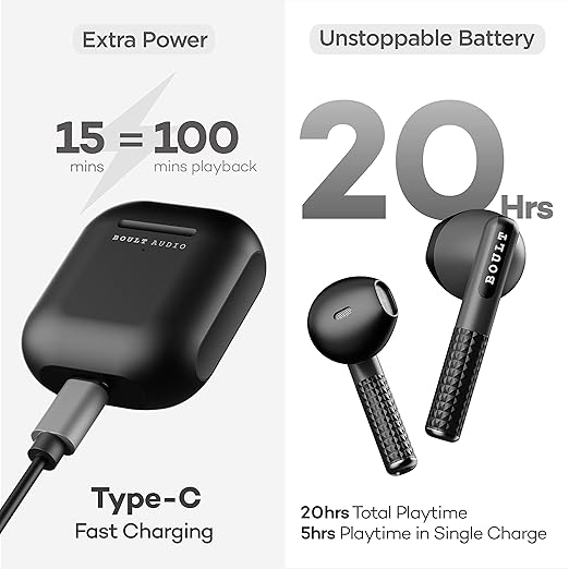 Boult Audio Newly Launched Airbass Powerpods Tws Featherweight Bluetooth Truly Wireless In Ear Earbuds With Mic, 20H Playtime With Zen Technology Enc, Fast Charging Type-C Ipx5 Water Resistant (Black)