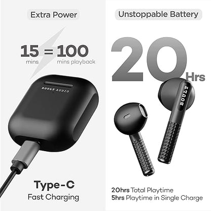 Boult Audio Newly Launched Airbass Powerpods Tws Featherweight Bluetooth Truly Wireless In Ear Earbuds With Mic, 20H Playtime With Zen Technology Enc, Fast Charging Type-C Ipx5 Water Resistant (Black)