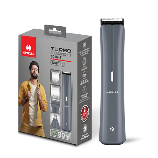Havells Turbo 10 In 1 Grooming Kit | Hair Trimmer,Face, Ear & Nose |No Nicks & Cuts |LED Indicator| Upto 90 Min Quick Charge| 2 Year Guarantee| GS6110 (Grey)