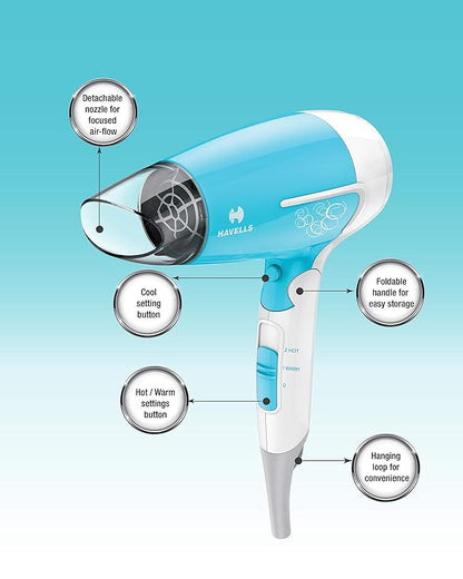 Havells 1200W Foldable Hair Dryer; 3 Heat Settings with Cool Shot (Hot/Cool/ Warm), Heat Balance Technology | Cool Turquoise | Your perfect Blow dry companion for Effortless Hair Styling | HD3151