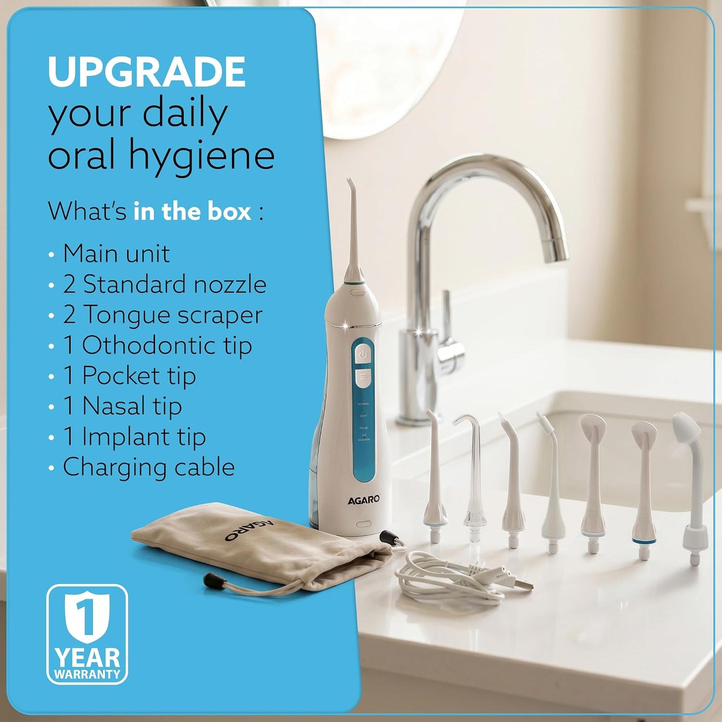 AGARO Ultra Plus Portable Dental Flosser: 8 nozzles, 4 modes, cordless, rechargeable, IPX7 waterproof, 200ml tank. Ideal for home/travel oral care.