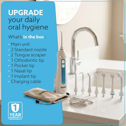 AGARO Ultra Plus Portable Dental Flosser: 8 nozzles, 4 modes, cordless, rechargeable, IPX7 waterproof, 200ml tank. Ideal for home/travel oral care.