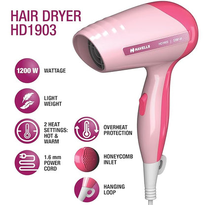 Havells 1200W Powerful Hair Dryer | Overheat Protection | 2 Heat Settings (Hot/Warm) | Heat Balance Technology | Premium Pink | Your perfect Blow dry companion for Effortless Hair Styling | HD1903