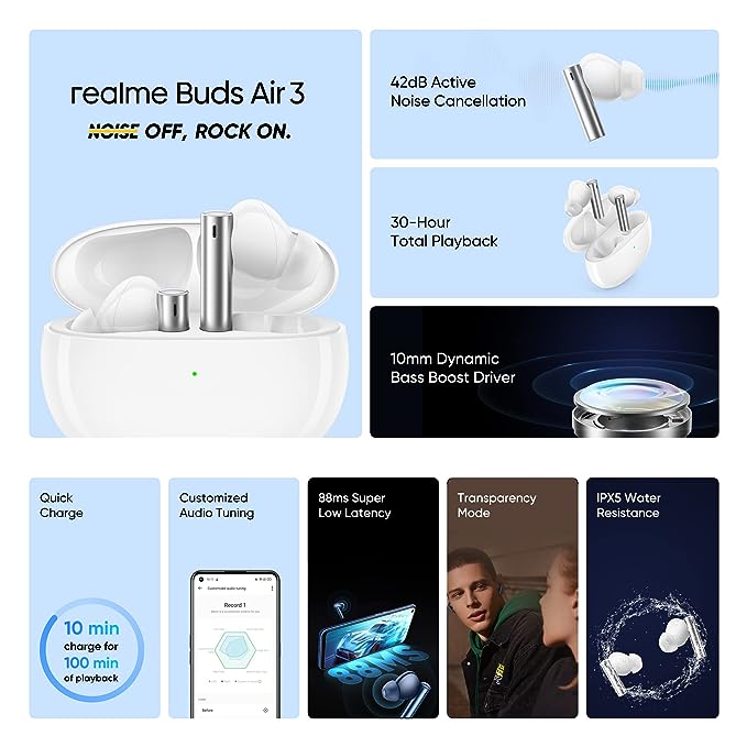 realme Buds Air 3 True Wireless in-Ear Earbuds with 42dB Active Noise Cancellation (ANC), Dual Device Pairing and 30 hrs Playtime with Fast Charging (Galaxy White)