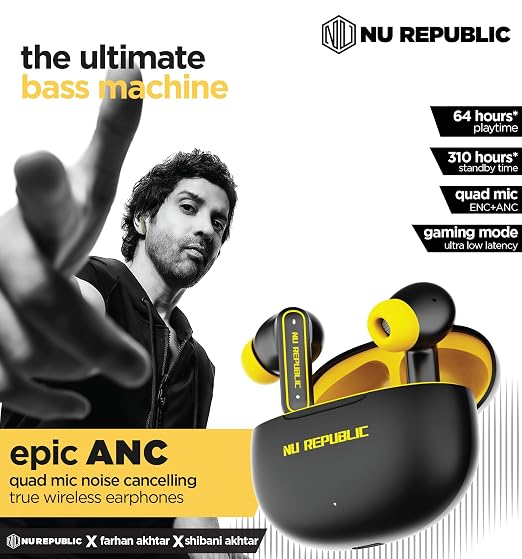 Nu Republic Epic ANC TWS Earbuds with Upto 64 hrs Playtime, 13mm Neodymium Driver, XBass® Technology, ANC + ENC Quad Mics, Hall Sensor Function, Dual Mode (Game/Music), Fast Charging - (Black/Yellow)
