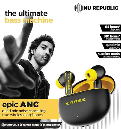 Nu Republic Epic ANC TWS Earbuds with Upto 64 hrs Playtime, 13mm Neodymium Driver, XBass® Technology, ANC + ENC Quad Mics, Hall Sensor Function, Dual Mode (Game/Music), Fast Charging - (Black/Yellow)