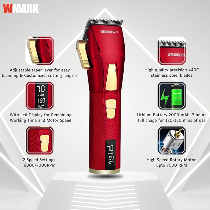 WMARK NG-2036 Professional Zero Gapped Hair Trimmer Self Sharpening Blade 6000/7000 RPM 2 Speed Magnetic Motor Charging Adapter 8 Guide Comb Taper Lever Adjustment Runtime 120-150 Min 2000 Mah, Red