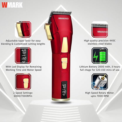 WMARK NG-2036 Professional Zero Gapped Hair Trimmer Self Sharpening Blade 6000/7000 RPM 2 Speed Magnetic Motor Charging Adapter 8 Guide Comb Taper Lever Adjustment Runtime 120-150 Min 2000 Mah, Red