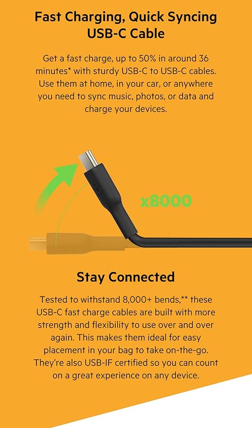 Belkin USB-C to USB-C PVC 3.3 Feet (1 Meter) Fast charging Type C Cable, for iPhone 15 Series and other USB-C Devices, Tough and Durable, 60W PD, USB-IF Certified - Black