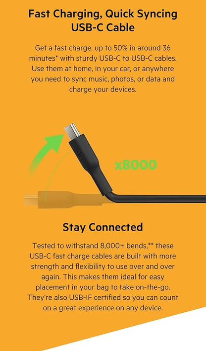 Belkin USB-C to USB-C PVC 3.3 Feet (1 Meter) Fast charging Type C Cable, for iPhone 15 Series and other USB-C Devices, Tough and Durable, 60W PD, USB-IF Certified - Black