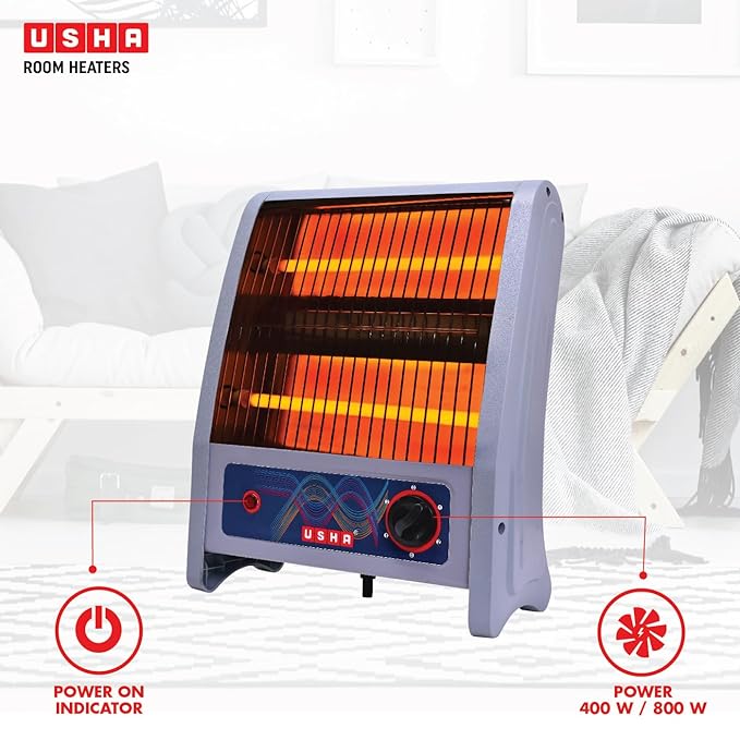 Usha 2 Rod 800 Watt Quartz Heater with Low Power Consumption and Tip Over Protection (4302, Grey)